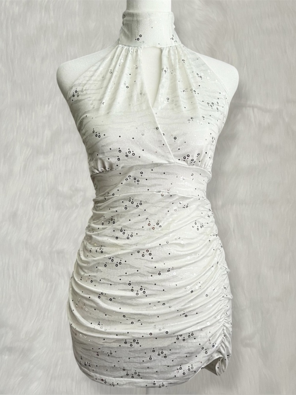 BodyC White Halter Neck Slim Fit Top With Sequins & Ruching Details